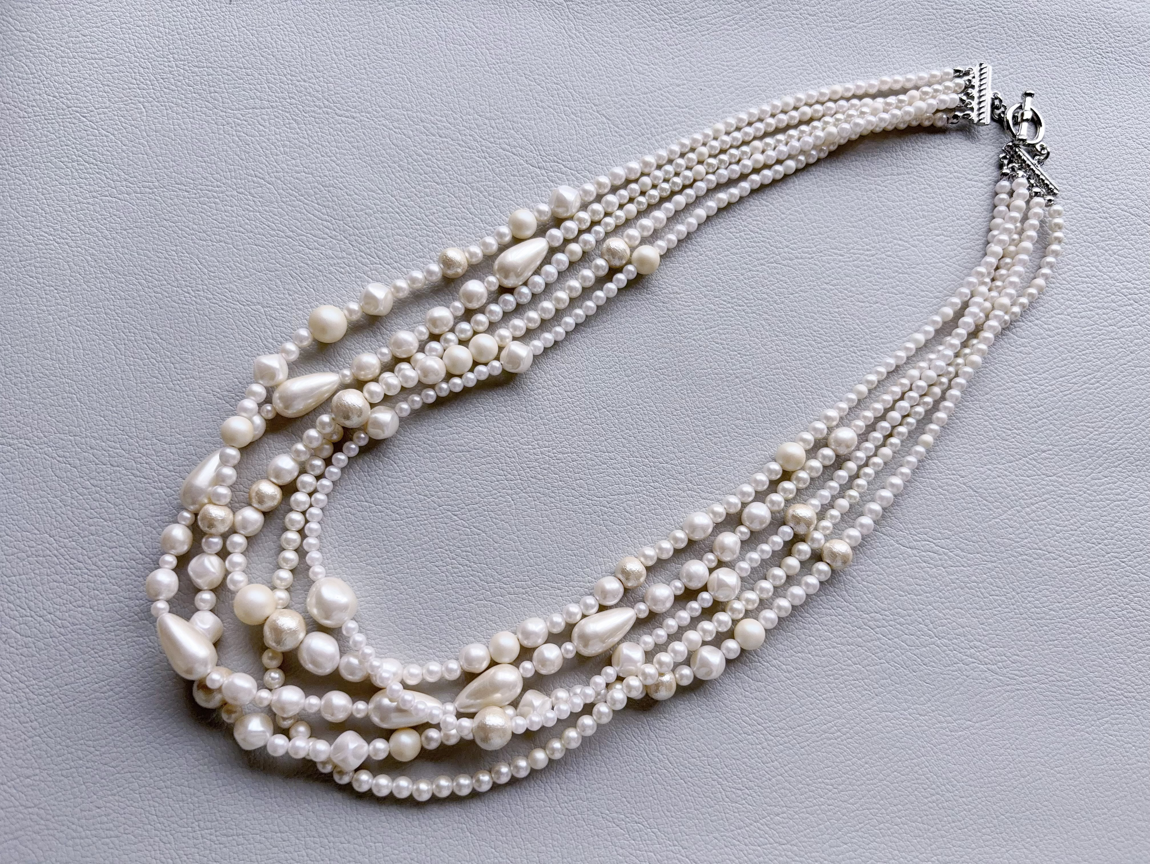 送料無料　ミックスパール　コットンパール　キスカ五連中ロングネックレス