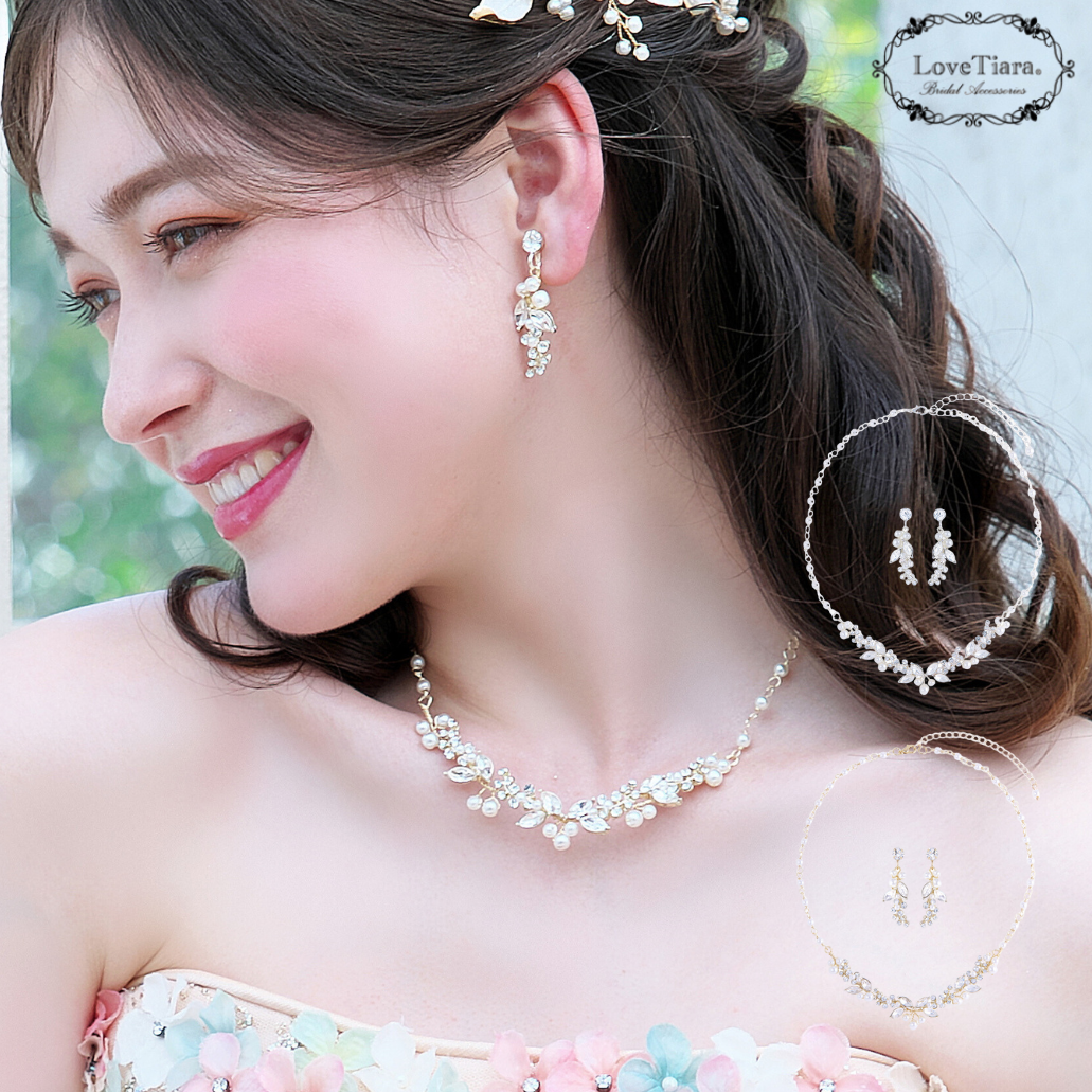 リーフ&パールネックレス・イヤリング/ピアスset PN-34|花嫁