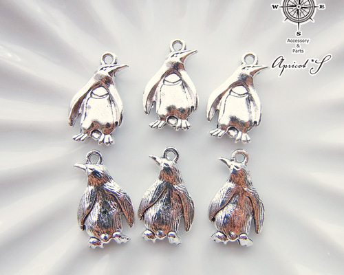 6個セット】 ペンギン パーツ チャーム （ アンティークシルバー