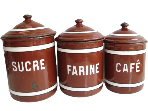 ホーローキャニスター 茶 3ピースセット A フランス アンティーク 保存