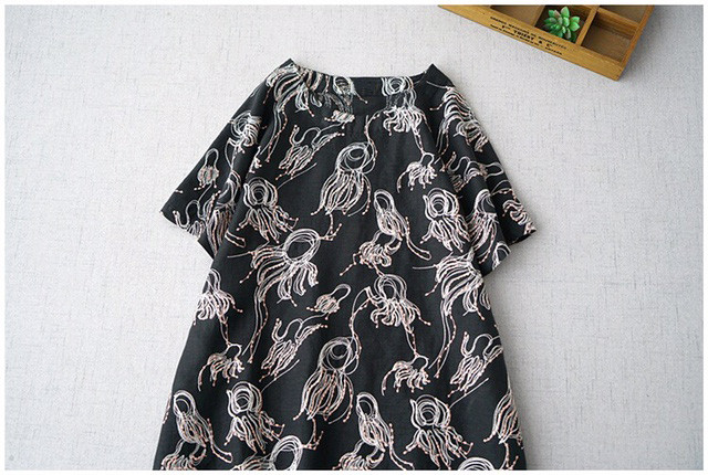 リネン100％総刺繍ポケット付きシンプルな大人可愛い半袖ワンピース♪