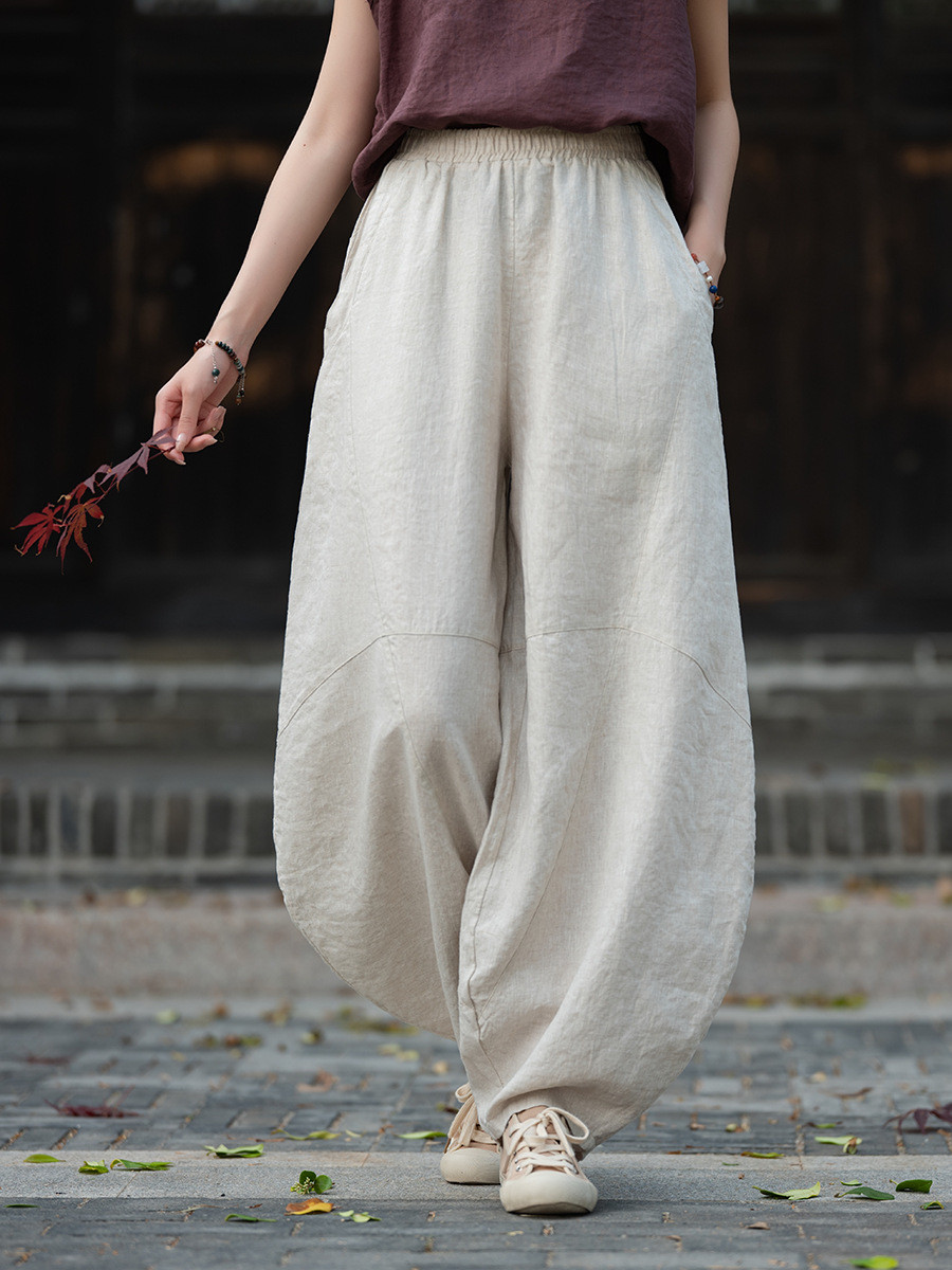 100%天然亜麻 禅修ランタンパンツ 麻色 ～瞑想に最適な究極の着心地～ 6225