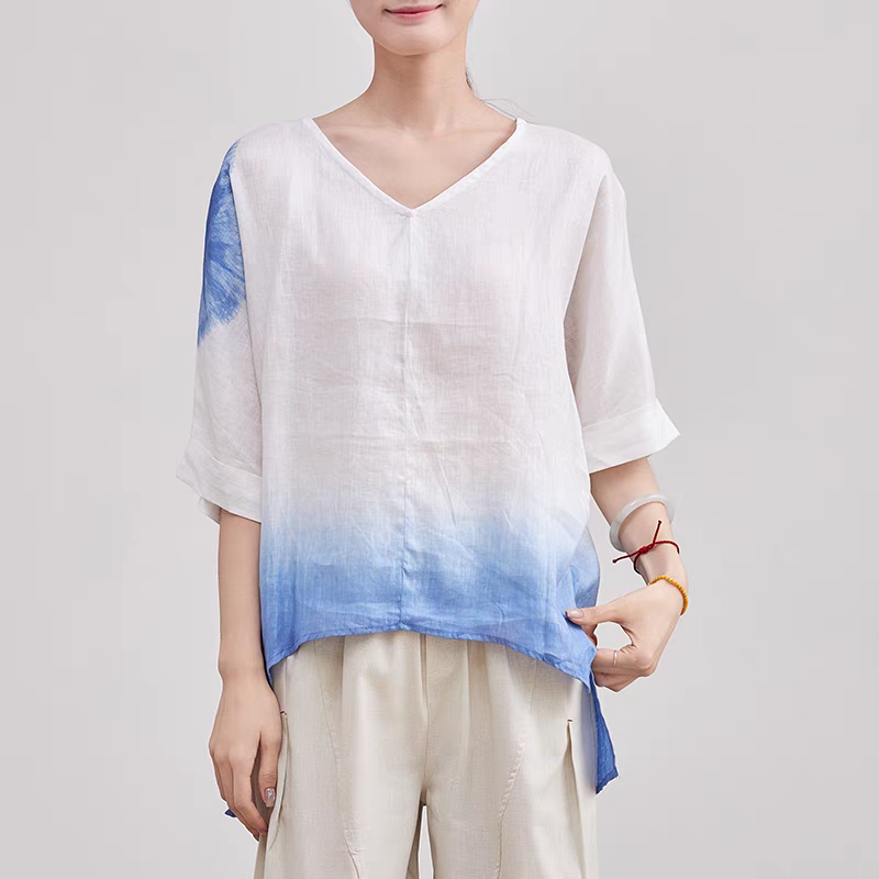 夏色グラデーションでヒップも美しくカバー☆5分袖バックテールシャツ ブルー