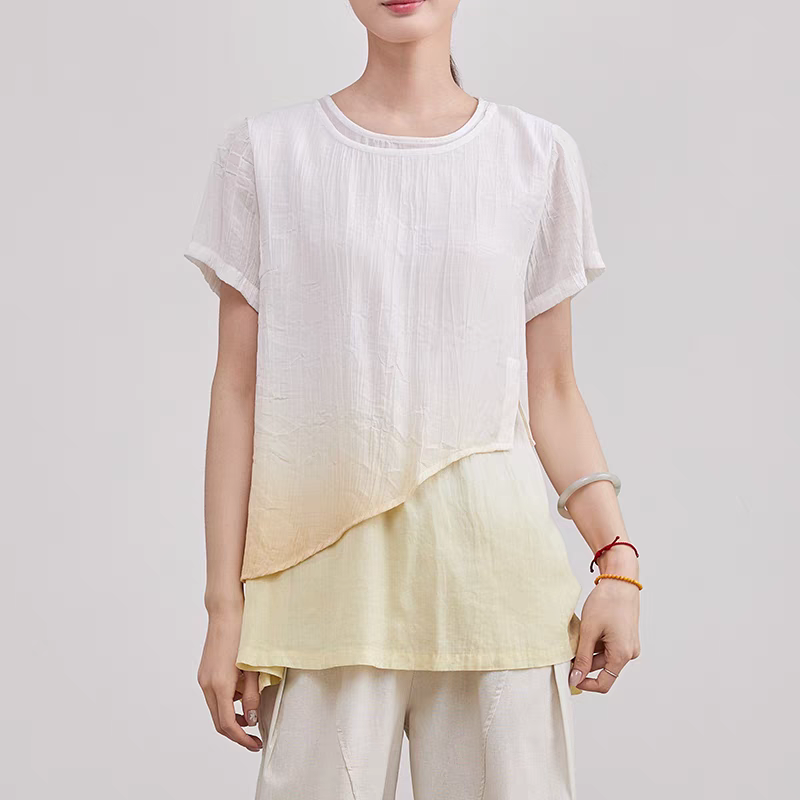 色の移り変わりと生地の層で軽やかに魅せる♪重ね着風グラデーションシャツ イエロー