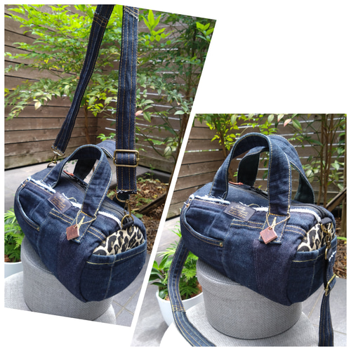 №737 【DENIM❌️Leopardドラム缶型ハンドバッグ♥】デニムリメイク