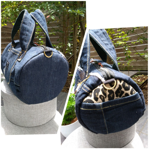№737 【DENIM❌️Leopardドラム缶型ハンドバッグ♥】デニムリメイク