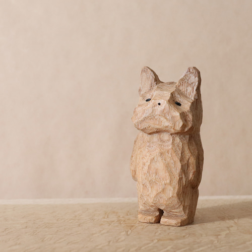 木彫り 犬 フレンチブルドッグ 木製 置物 インテリア雑貨（木材：タモ