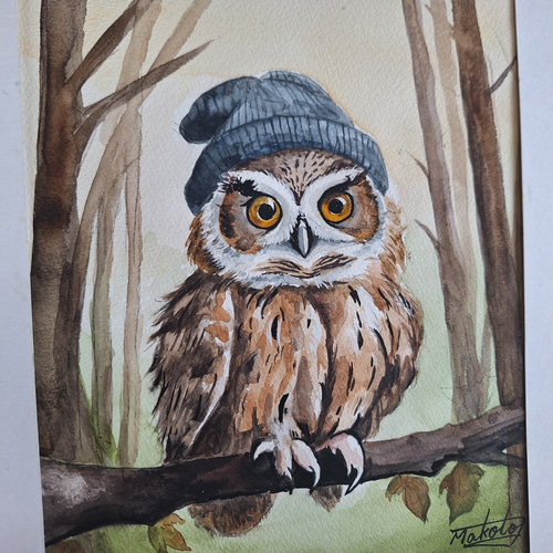 フクロウの絵 絵画パネル 「森の隠者」白フクロウ A5サイズ 全面ニス塗装