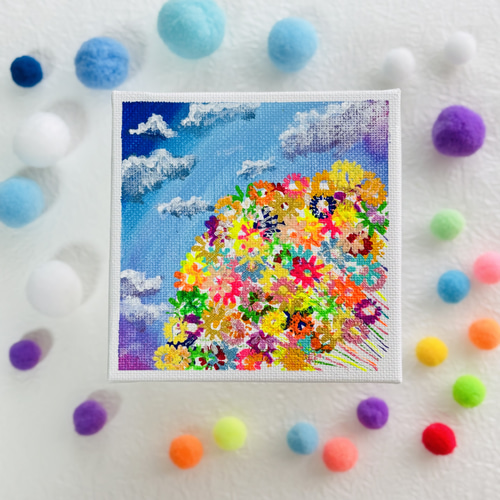 10cm】お花畑 空と雲 キャンバスアート 原画 カラフル 色の力 運気