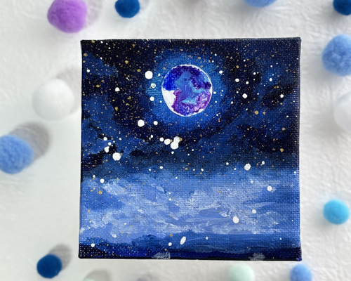 10cm】夜空 月夜 キャンバスアート カラフル アクリル絵の具