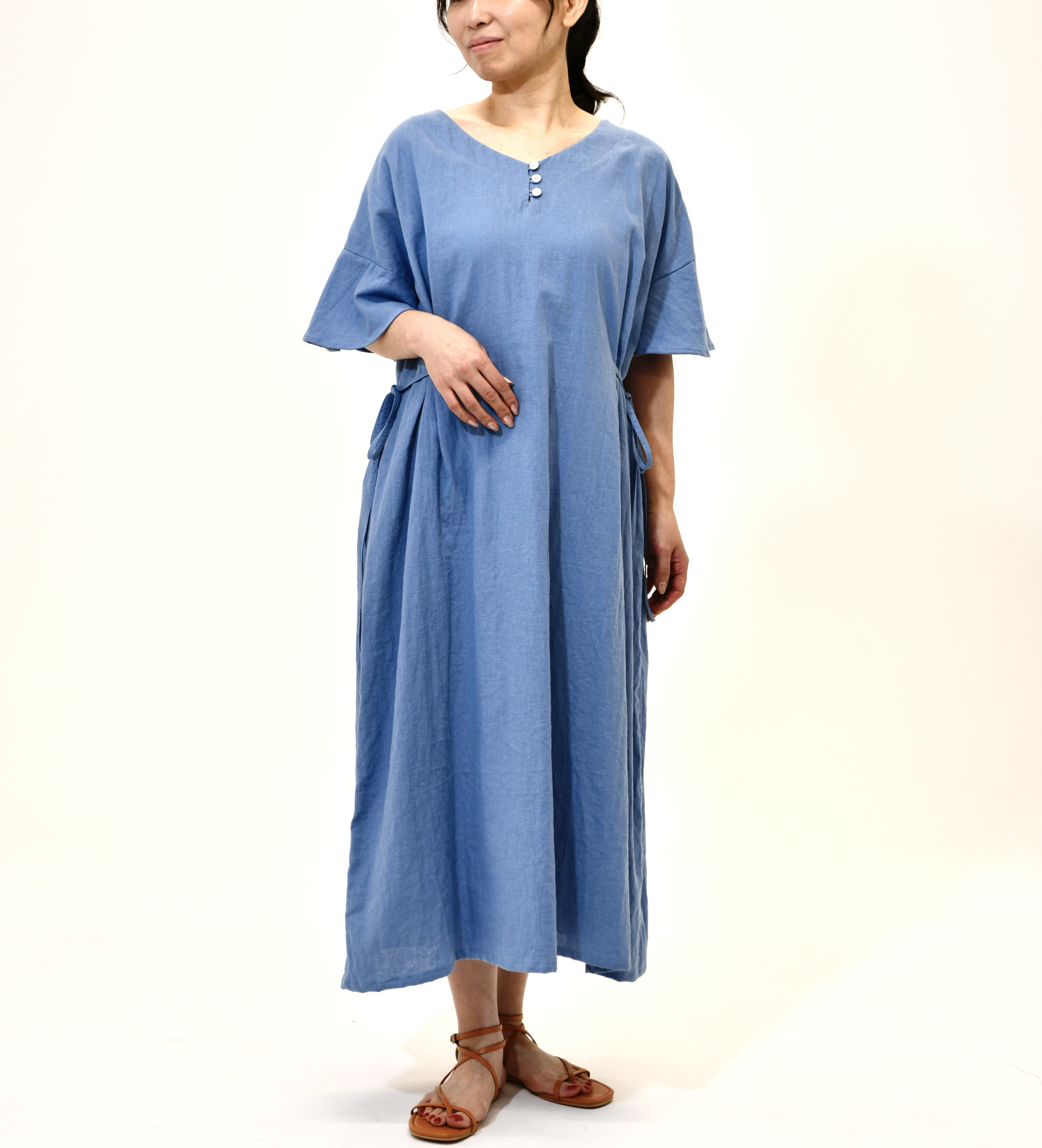 リネンコットンのフレアスリーブワンピース(30色)