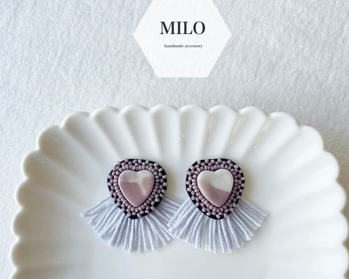 ハート♡フリンジ(マーブルパープル) ビーズ刺繍ピアス