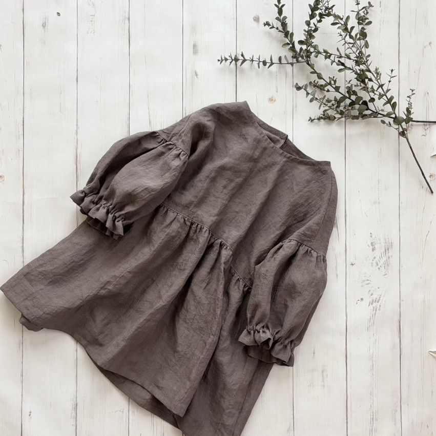 【新作】そよ風のブラウス 五分袖　Belgium linen 100% *mocha ※受注制作・2週間※