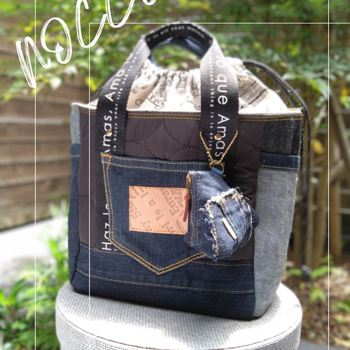 №738【DENIM✖️キルティング✨minnePouch付サイドポケット巾着