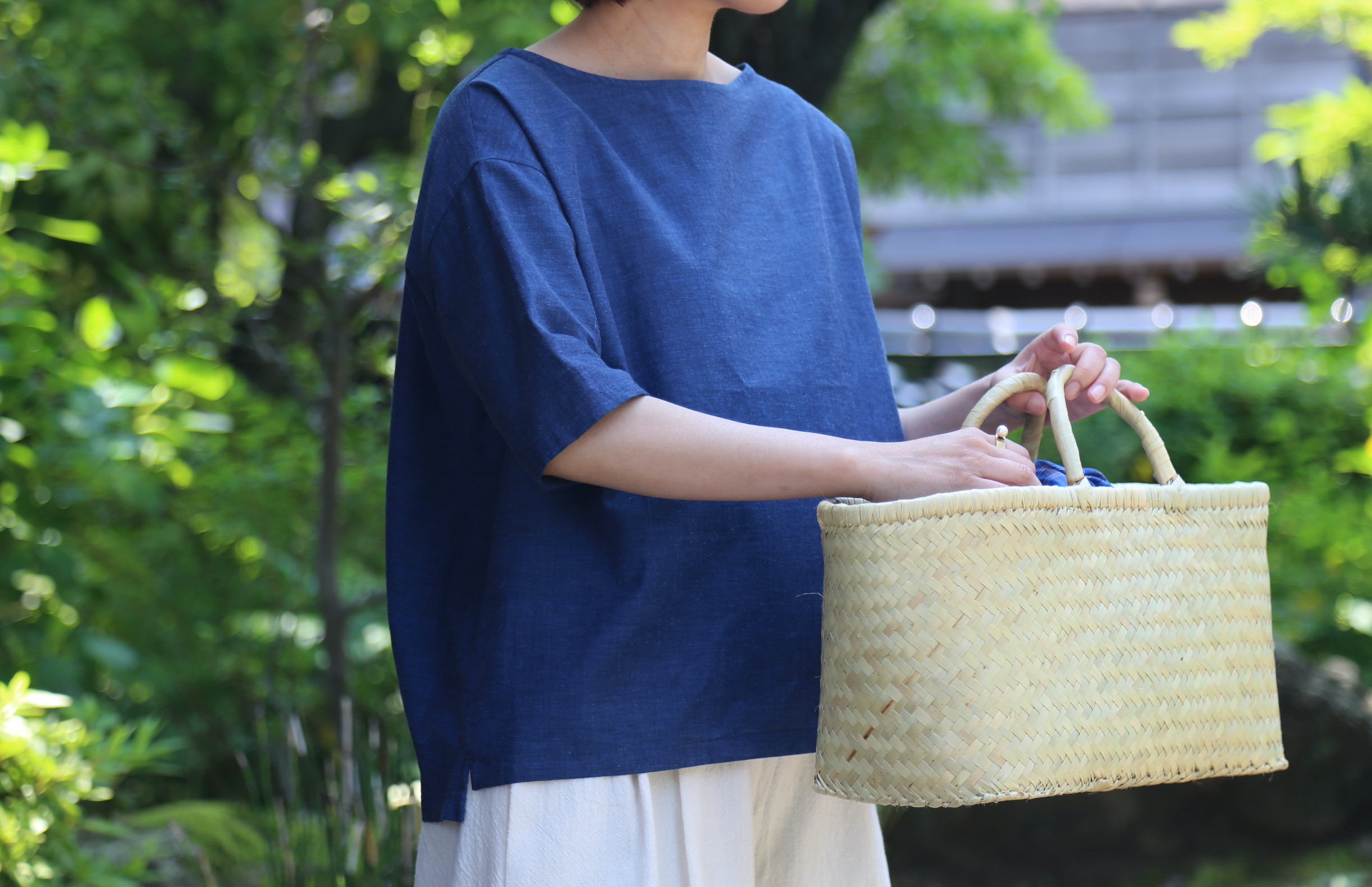 五分袖ブラウス（亀田縞 群青）