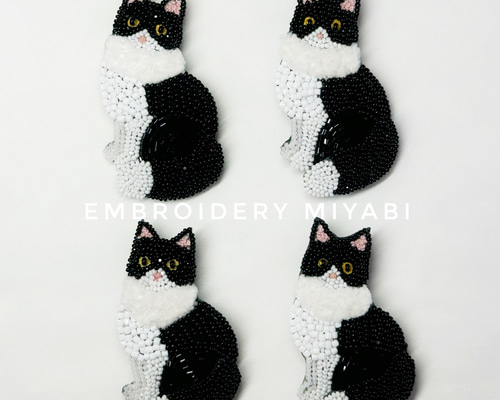 送料無料 ハチワレ 猫のビーズ刺繍ブローチ ブローチ