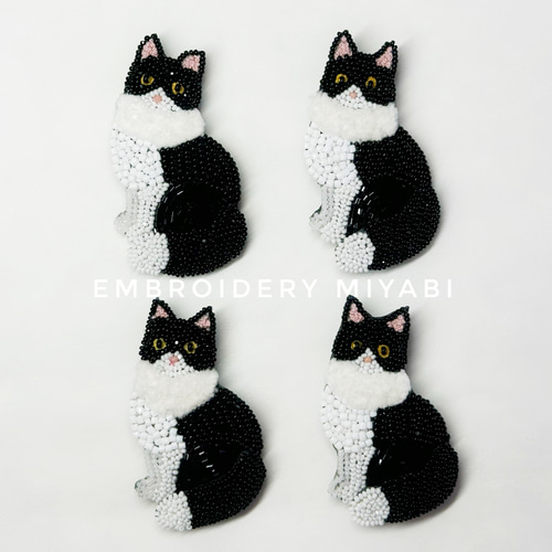 刺繍　ブローチ　ビーズ　猫　浴衣　ハンドメイド 黒ねこのビーズ刺繍ブローチ | Usamaki