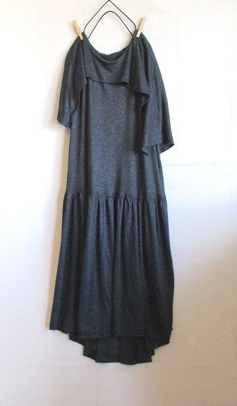 リネン麻100％ニット　ブルーグレーケープ付き　ローウエストワンピース　1点物