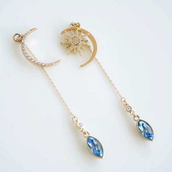 L.tサファイヤ＊月×太陽のアシンメトリーロングピアス／イヤリング