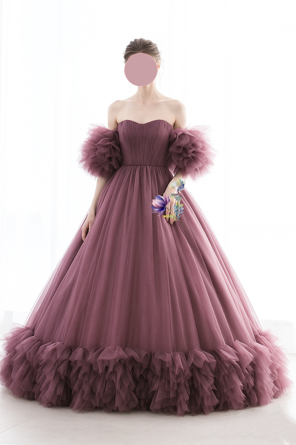 送料無料！カラードレス パープル キラキラチュール パフスリーブ ラッフルフリル 編み上げ  抜群のおしゃれ見え 花嫁