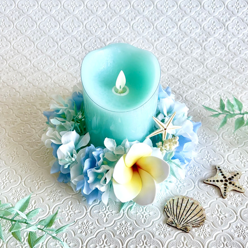 プルメリアとマリンリースの水色ハワイアンLEDキャンドルセット