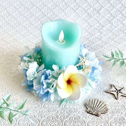 プルメリアとマリンリースの水色ハワイアンLEDキャンドルセット