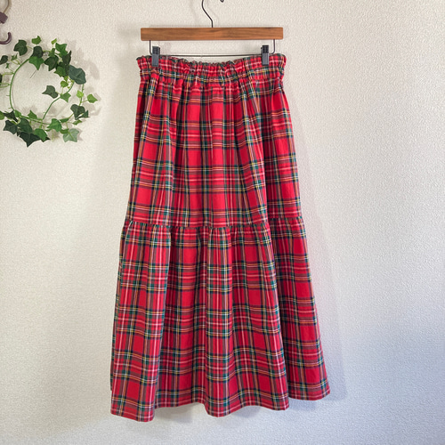 綿麻タータンチェックワッシャー 赤 ティアードスカート ロング丈 85cm
