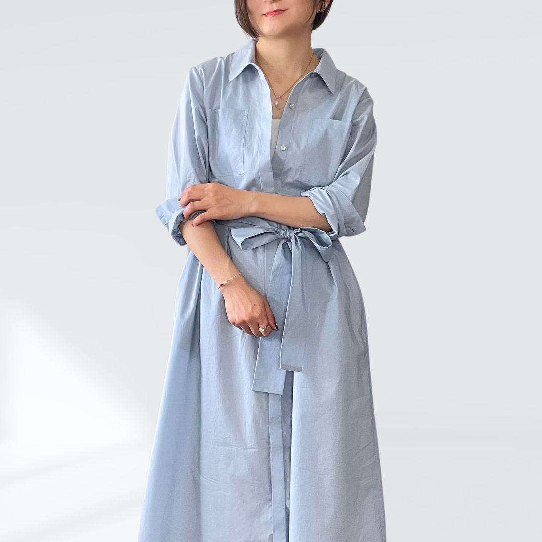 綿ローンの柔らかシャツワンピース ロング丈 防しわ生地 着丈調整可 通勤 カジュアル アイスグレー S M L LL