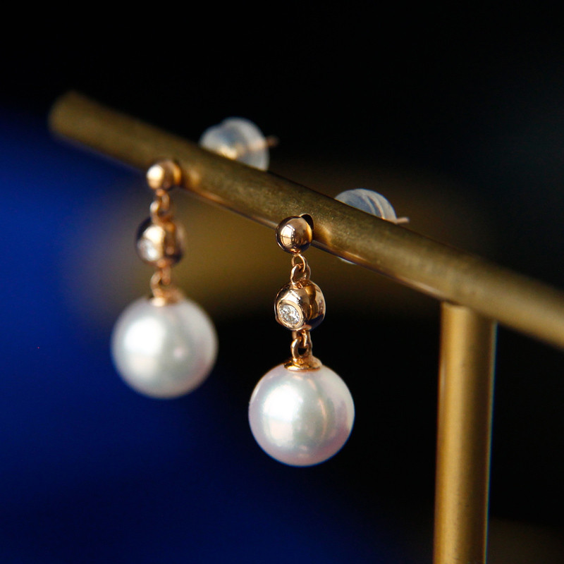 【La Corser】日本製 7.5-10mm アコヤ真珠 ピアス 18Kゴールド ダイヤモンド装飾 エレガントデザイン