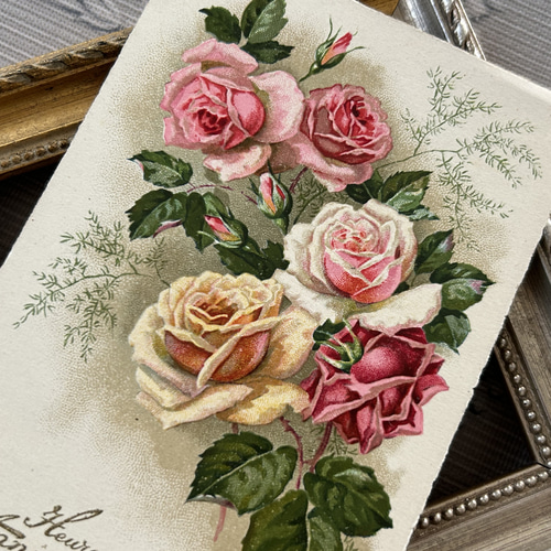 アンティークポストカード 薔薇 Rose 額装 インテリア小物 花柄