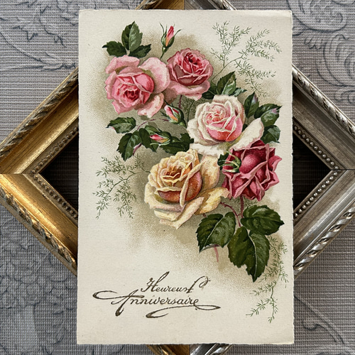 フランス アンティーク バラ 薔薇 ローズ 新年 ポストカード アンティークポストカード 薔薇 Rose 額装 インテリア小物 花柄