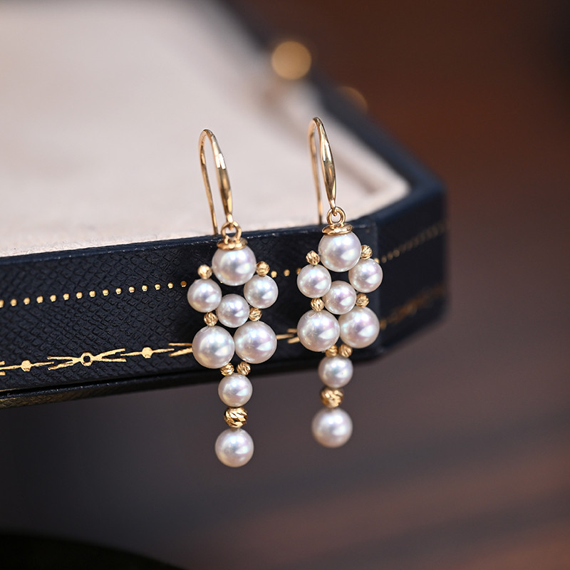 [ヘイズジュエリー] 翔寧シリーズ 18Kゴールド ダイヤモンド装飾 3.5-5mm 高品質淡水真珠編み込み マルチビーズイヤリ