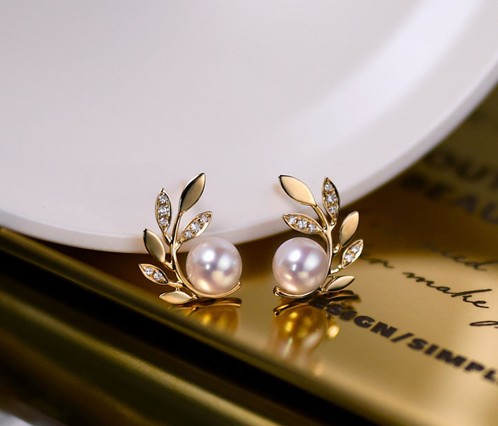 [ヘイズジュエリー] オリーブブランチシリーズ 18Kゴールド ダイヤモンドデザイン 6-6.5mm 日本製オーロラアコヤ海水真