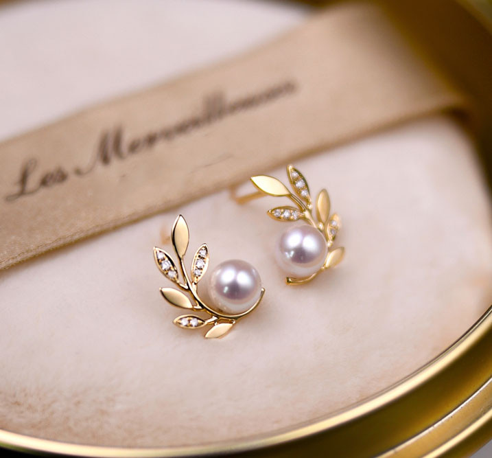 [ヘイズジュエリー] オリーブブランチシリーズ 18Kゴールド ダイヤモンドデザイン 6-6.5mm 日本製オーロラアコヤ海水真