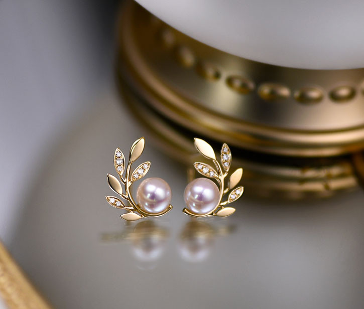 [ヘイズジュエリー] オリーブブランチシリーズ 18Kゴールド ダイヤモンドデザイン 6-6.5mm 日本製オーロラアコヤ海水真