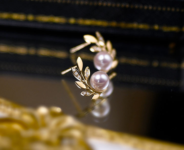 [ヘイズジュエリー] オリーブブランチシリーズ 18Kゴールド ダイヤモンドデザイン 6-6.5mm 日本製オーロラアコヤ海水真