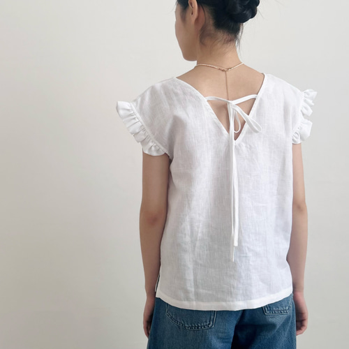 麻100%♡お洒落なVネックトップス】バックリボン│フレンチスリーブ