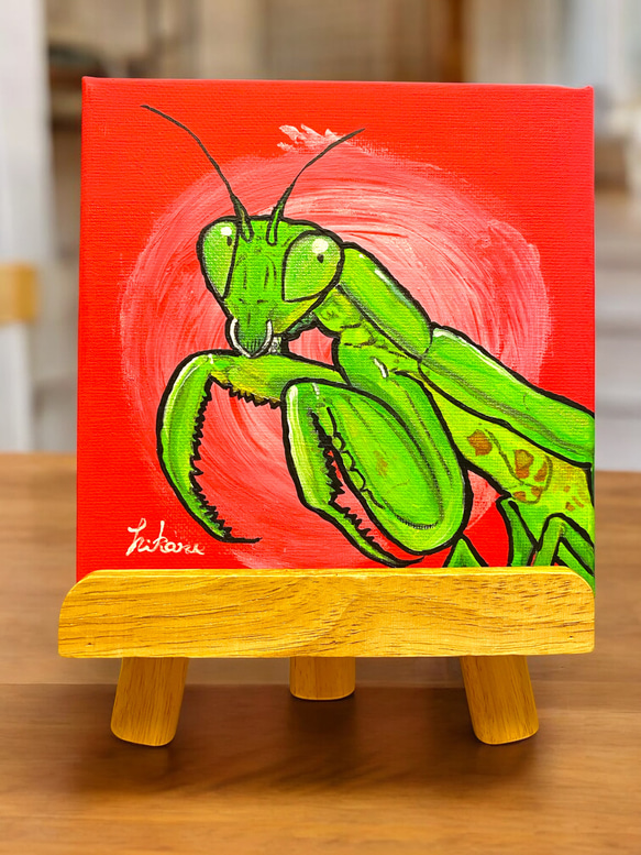 染色絵画　カマキリ 原画【ハラビロカマキリの姫子】カマキリ キャンバス画 昆虫 虫