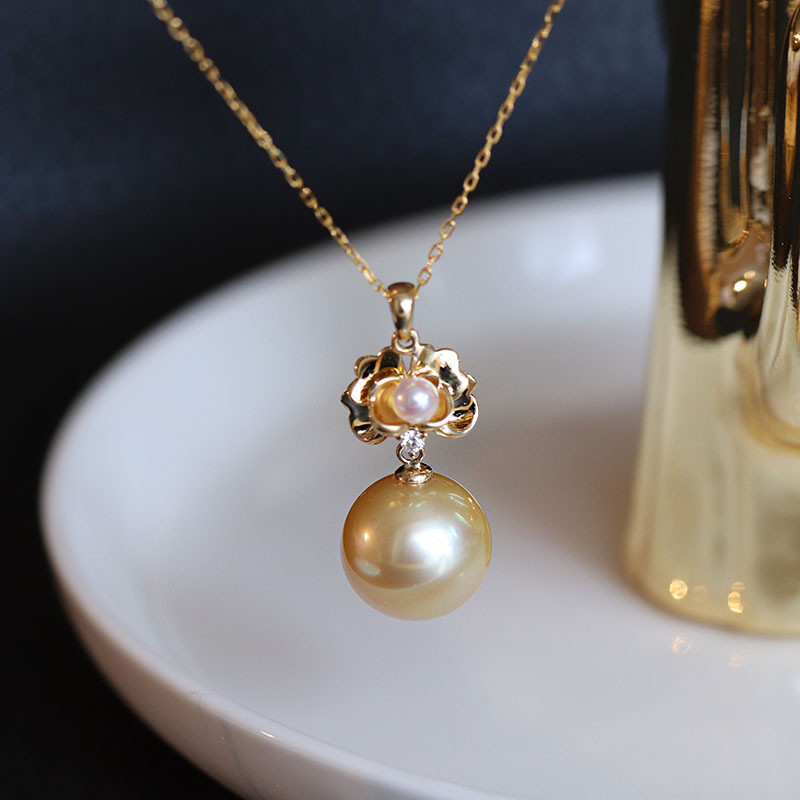 [ウォーターリリーブルーム] 18Kゴールドダイヤモンドフラワーハートペンダント12-13mm非最適化濃縮ゴールド南洋ゴールドパ