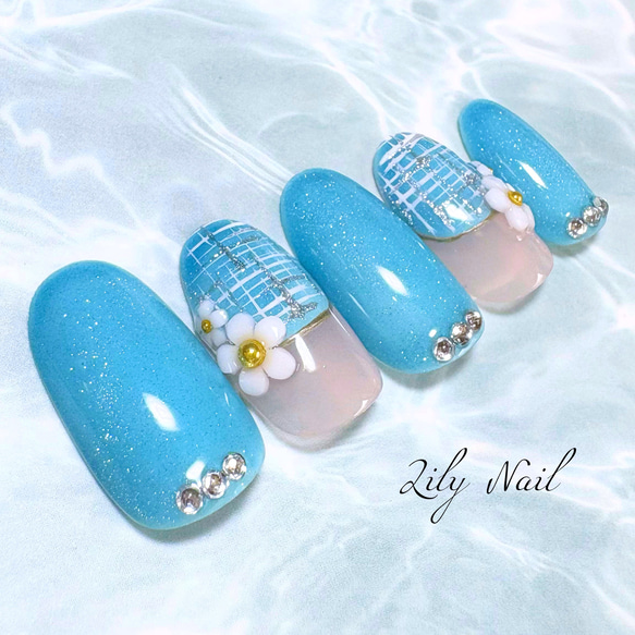 花とブルーツイードネイルチップ ネイルチップ（つけ爪） Lily Nail