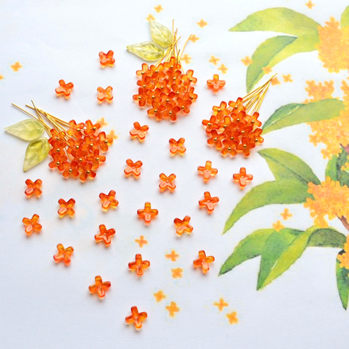 ８月24日までの出品 ガラス　花模様 2枚組 オリジナル新作7mm 金木犀 キンモクセイ お花のガラスビーズ