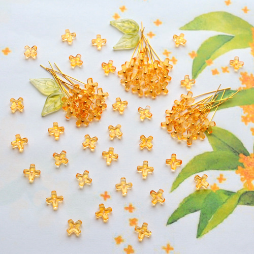 オリジナル新作7mm 金木犀 キンモクセイ お花のガラスビーズ クリア