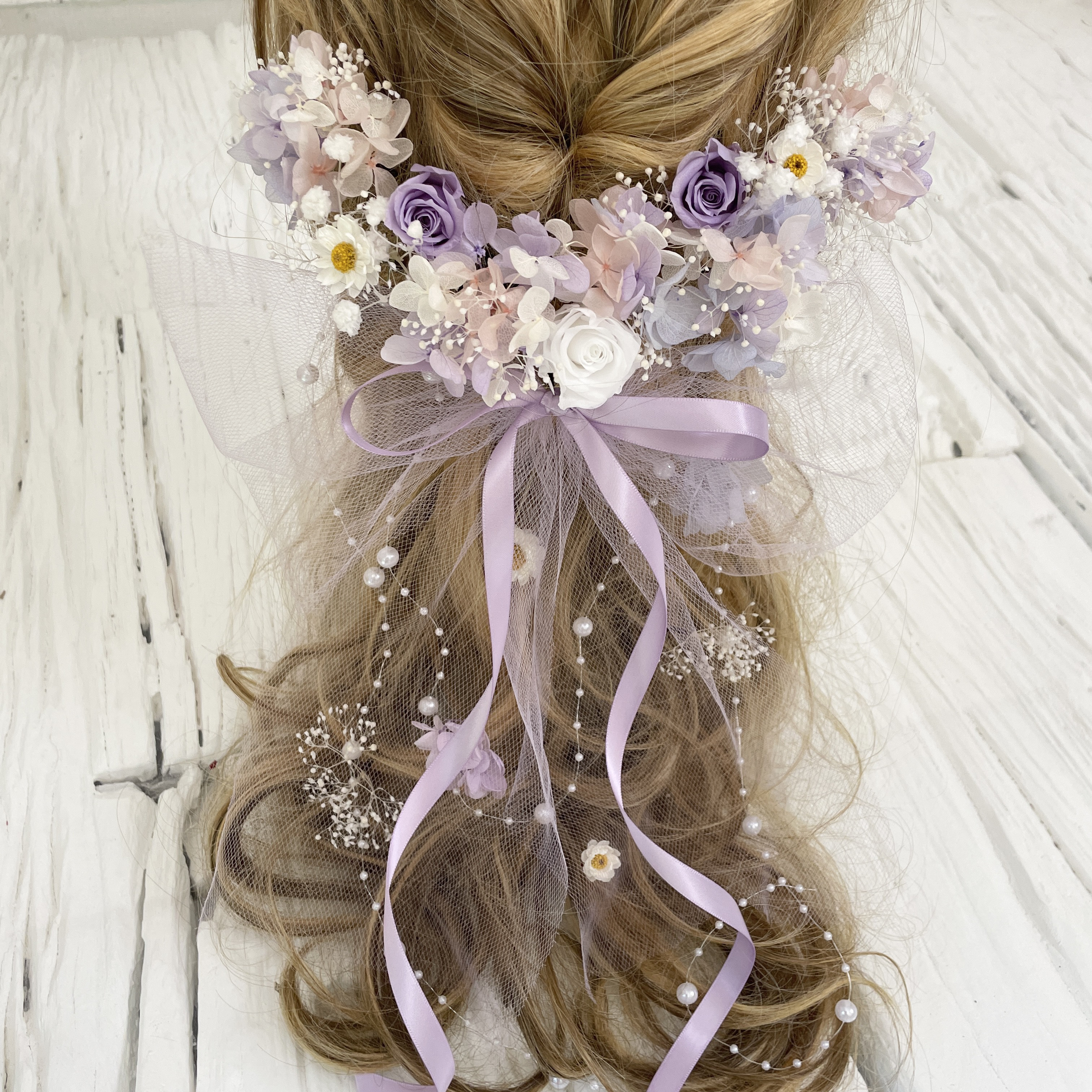 オール本物花　ブーケの様な髪飾り　ヘッドドレス　くすみパープル