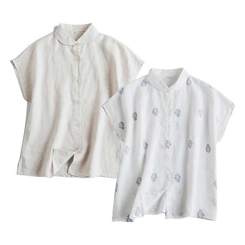 可愛い襟リネンシャツ　シンプルリネン半袖シャツ　3色　S-Lサイズ　L633-1