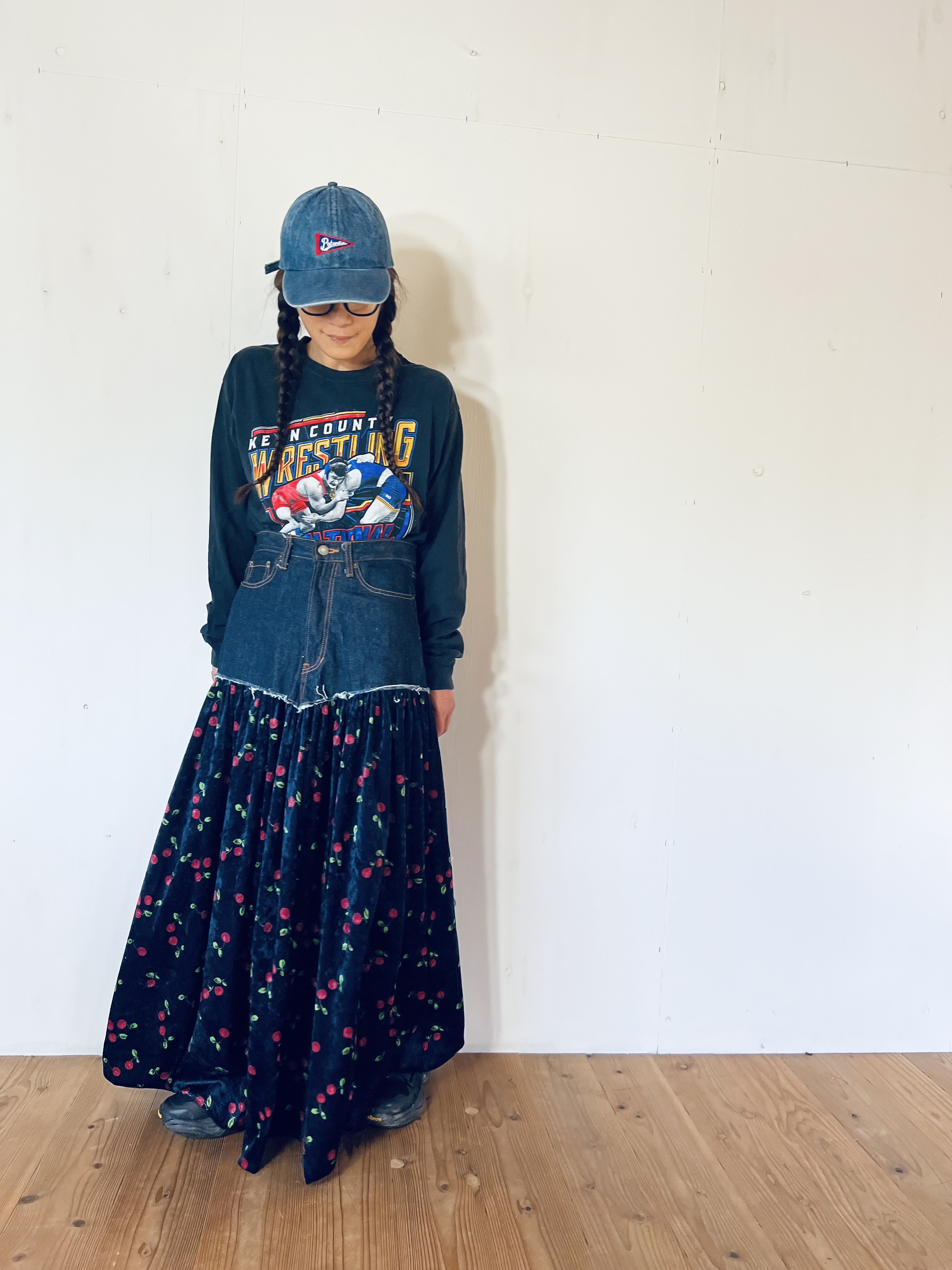 デニム×ベロアスカート