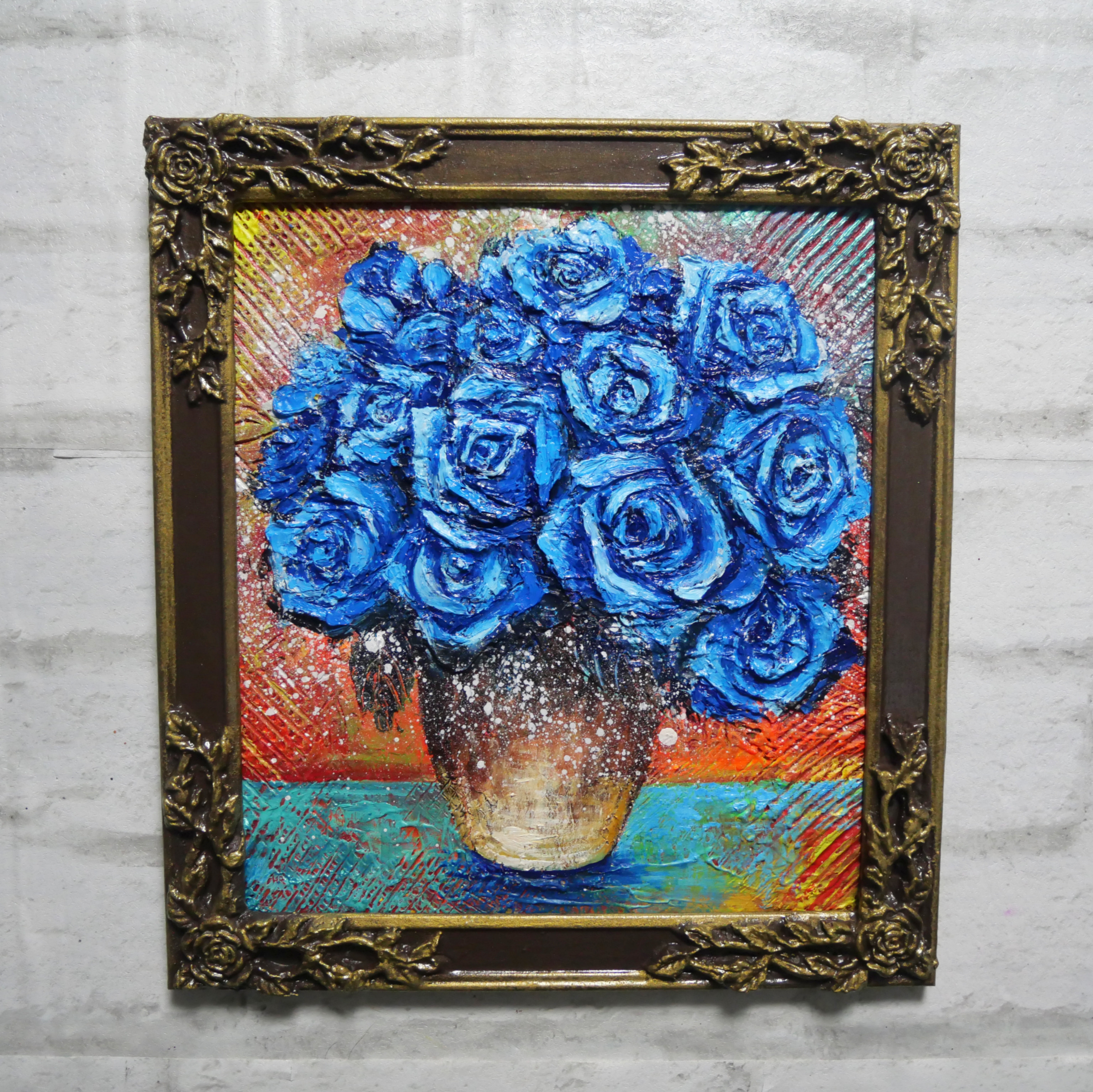 無料発送 油絵 油彩 油彩画 絵 絵画【青い薔薇】 絵画 HR 通販 19466629 絵画
