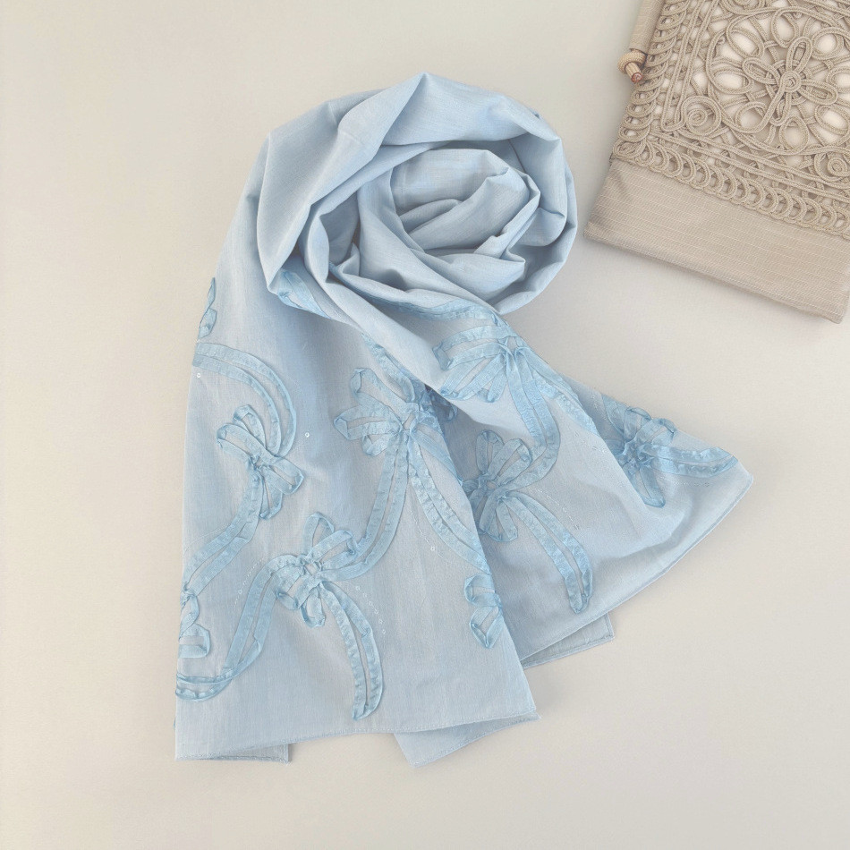 ブルーリボンストール 綿麻スラブ オーガニックコットン コード刺繍 スパンコール