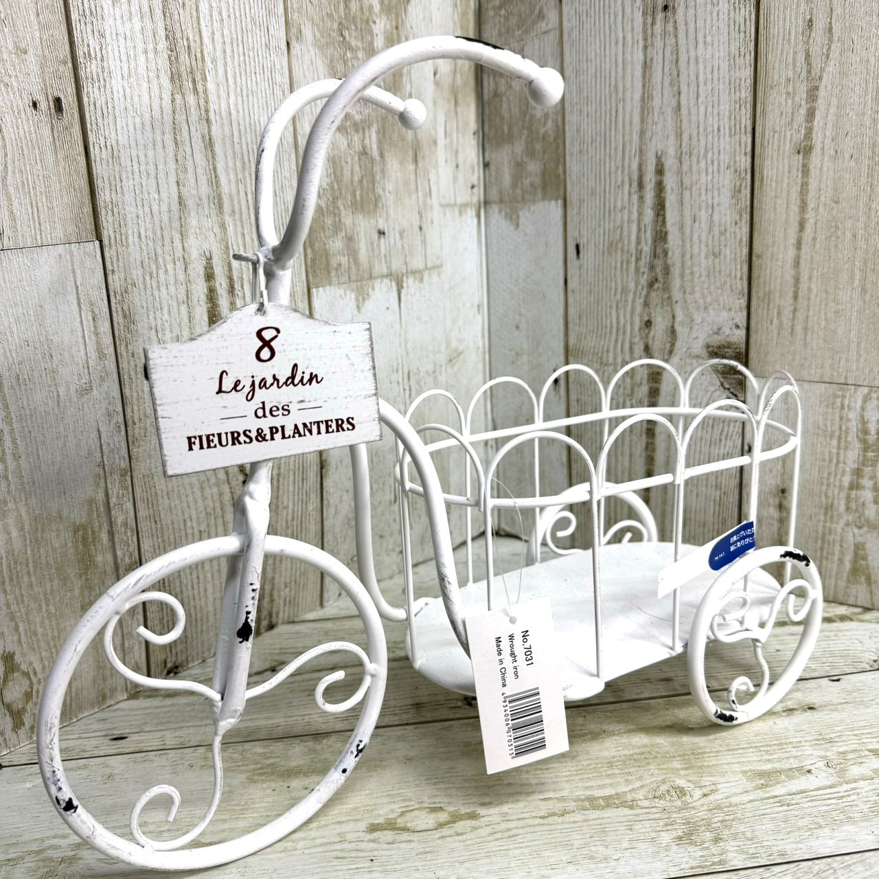 三輪車 バイク 自転車 ラック ホワイト オブジェ 置物 アイアン 花台