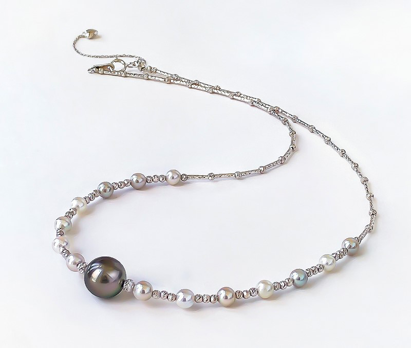 【La Corser】ミックスカラーデザイン 9-10mm タヒチ海水真珠ネックレス ホワイトフラッシュチューブエレメント 18