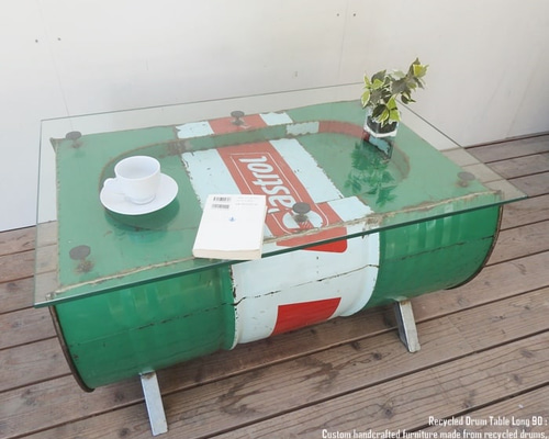 一点物ドラム缶をリメイクしたテーブル 90cm ロング ガラステーブル